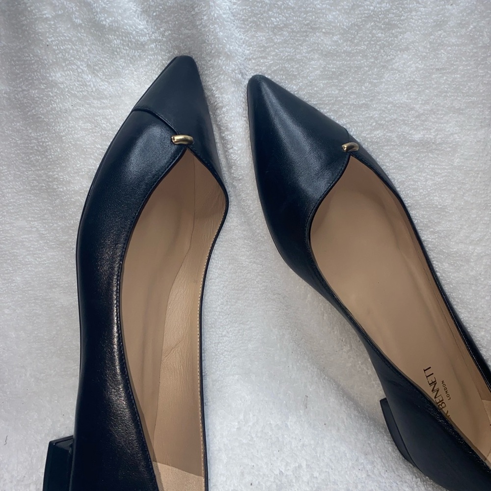 LK Bennett Black Leather Pointed Ballet Flats with Gold Accent - Picture 7 of 8